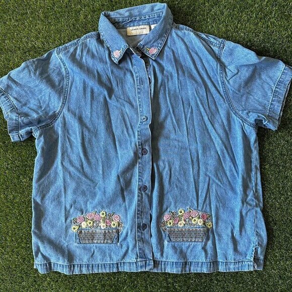 Vintage denim short-sleeve button up with embroidery - Picture 1 of 7
